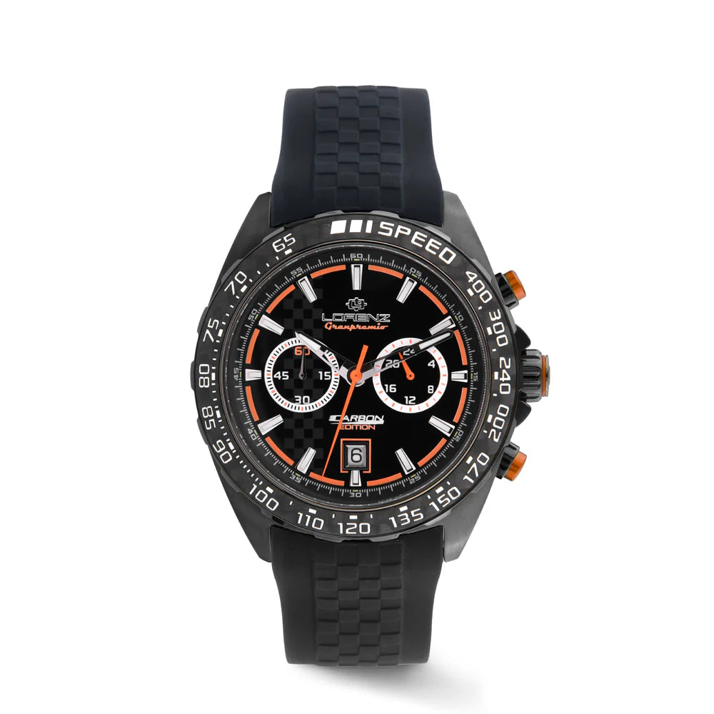 Orologio Lorenz Granpremio Carbon Quadrante Nero Dettagli Arancioni