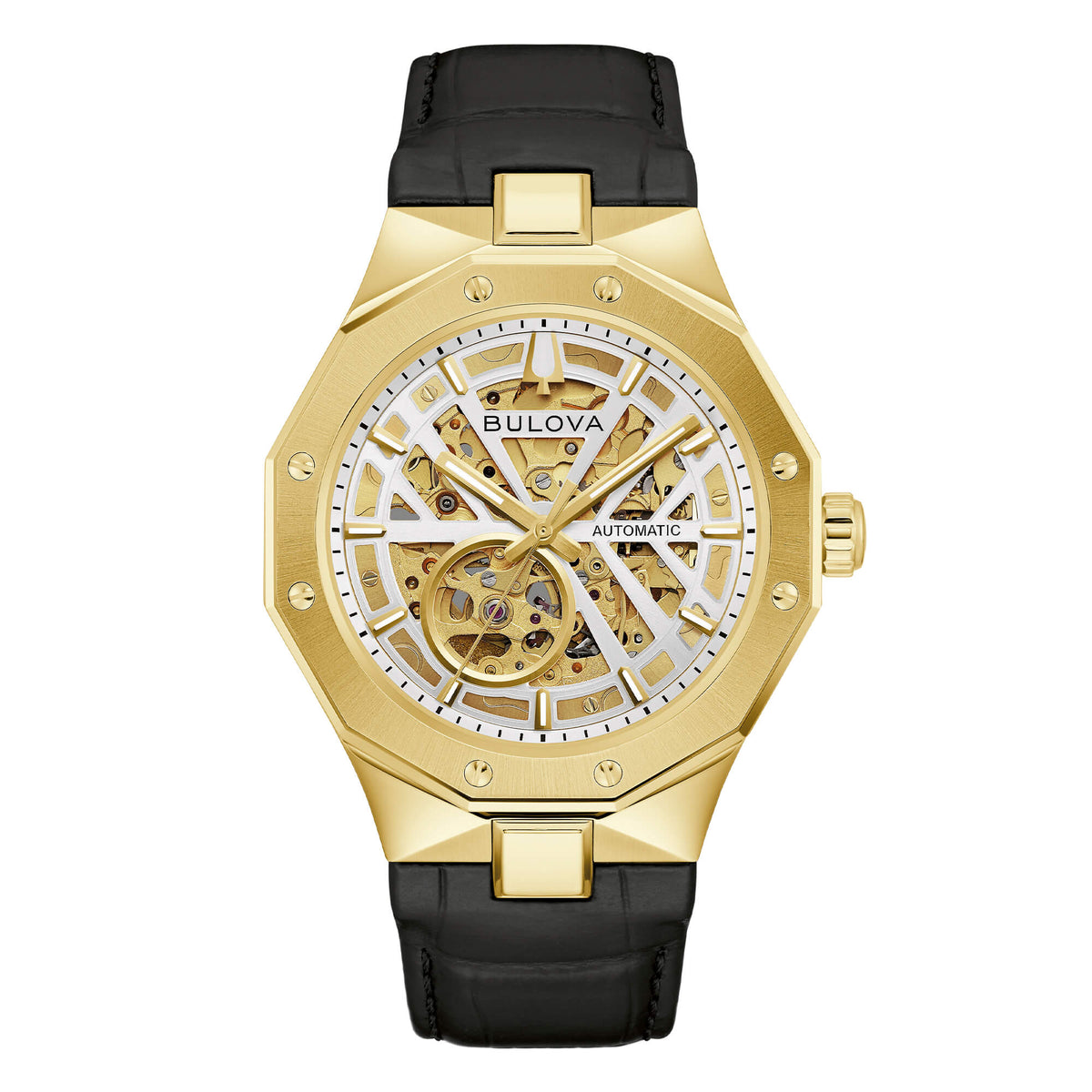 Orologio Bulova Octagon Automatico Gold Skeleton Cinturino Pelle