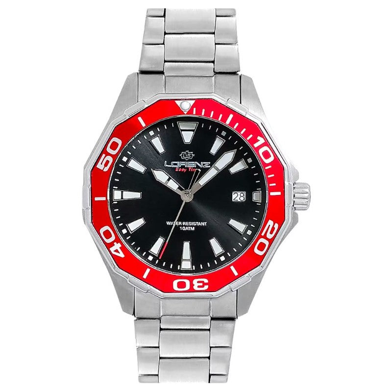 Orologio Lorenz Easy Time Acciaio Quadrante Nero Ghiera Rossa