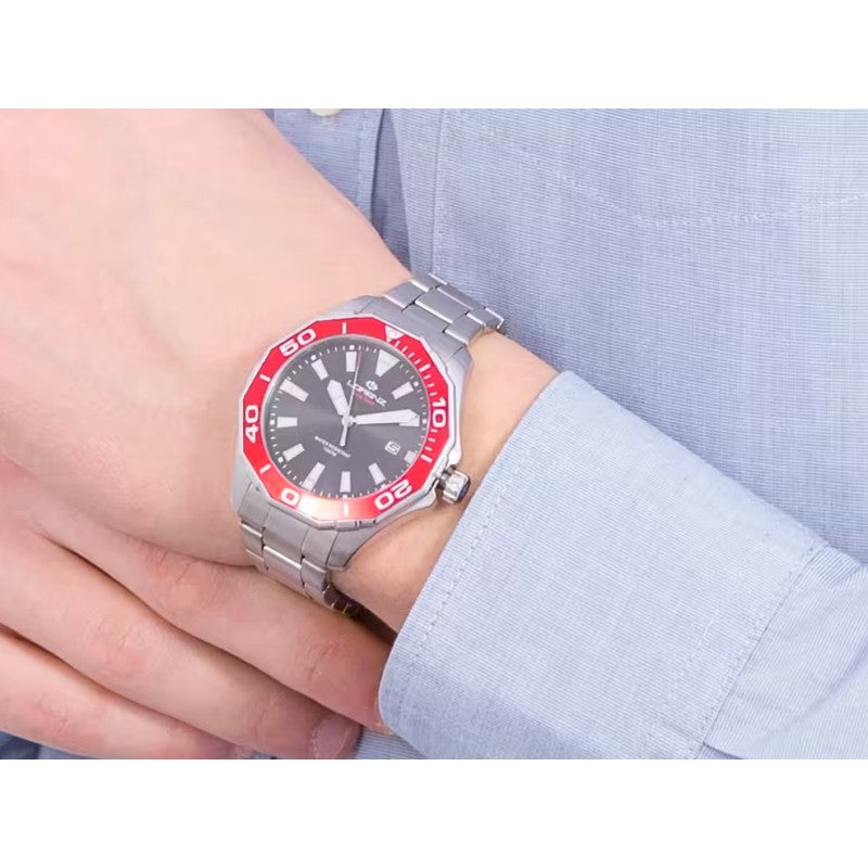 Orologio Lorenz Easy Time Acciaio Quadrante Nero Ghiera Rossa