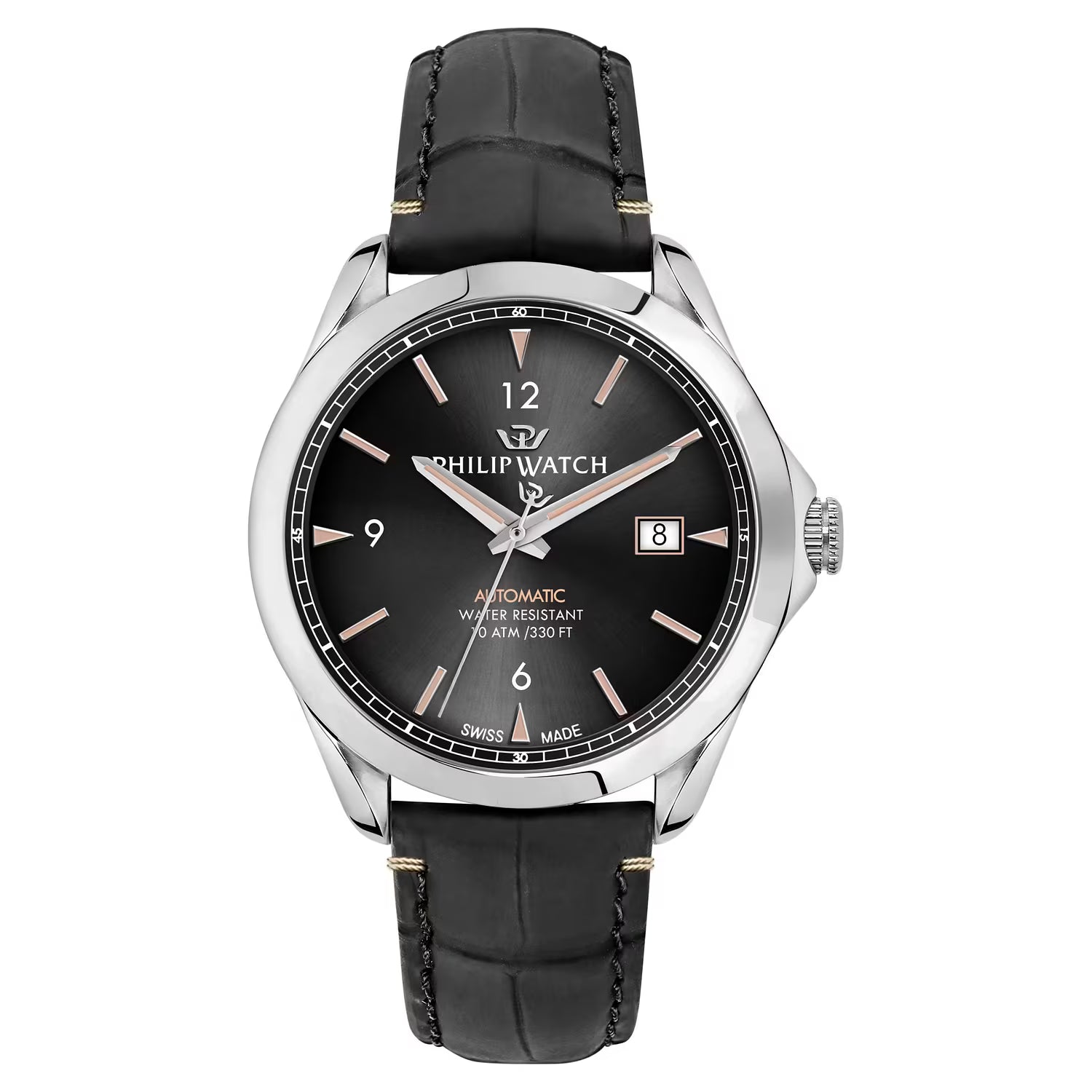 Orologio Philip Watch Automatico 41mm Quadrante Nero Acciaio Cinturino Pelle